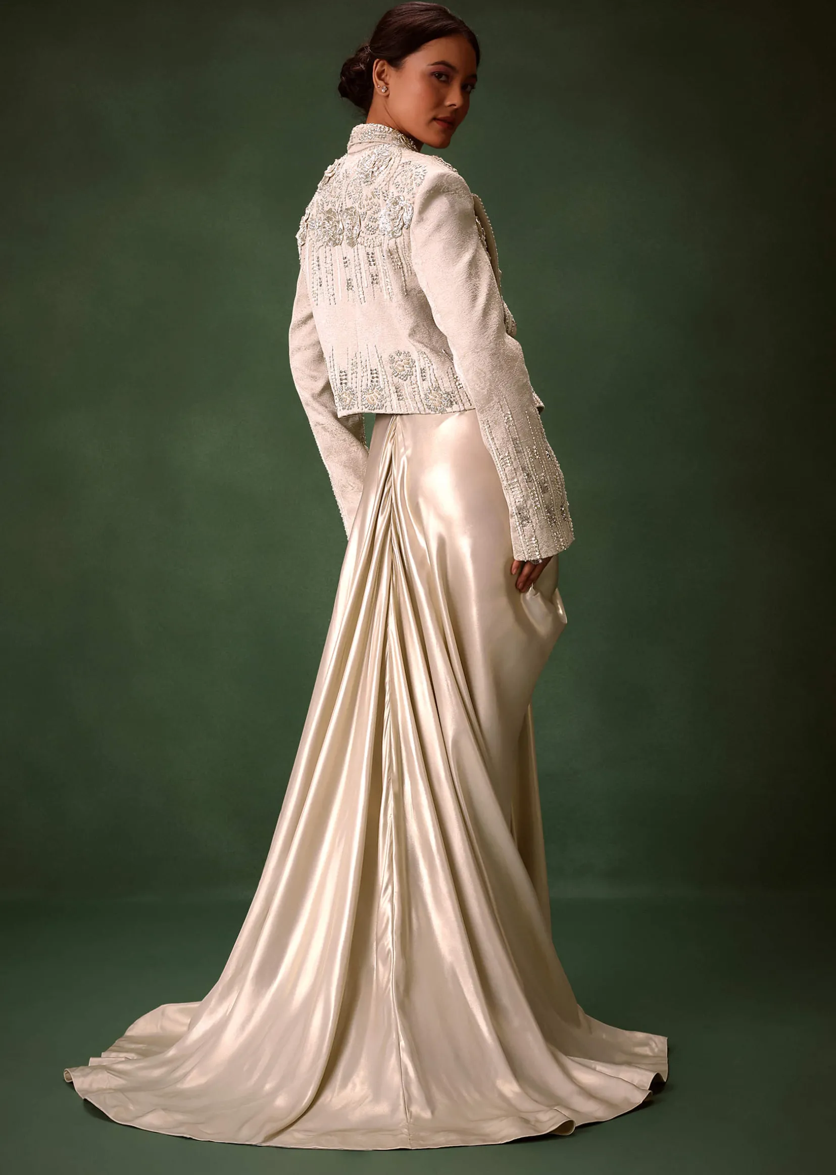 Silver Draping Skirt And Bustier With Embroidered Jacket