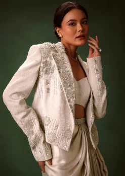 Silver Draping Skirt And Bustier With Embroidered Jacket