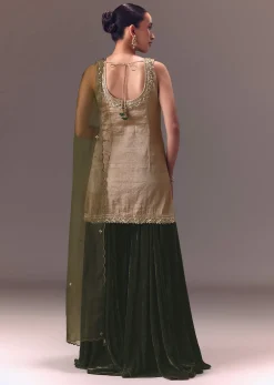 Silver Embroidered Tissue Kurta With Velvet Sharara And Dupatta
