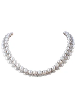 Silver Finish Diamond And Pearl Necklace