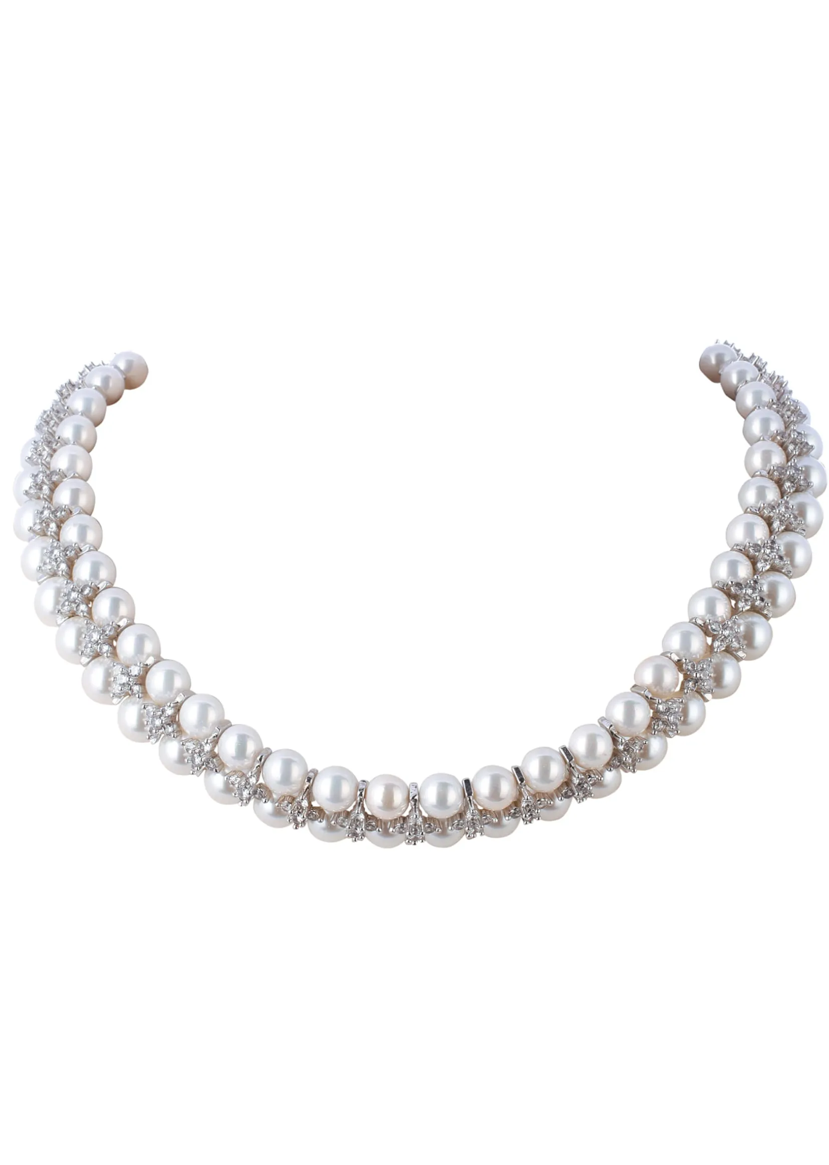 Silver Finish Diamond And Pearl Necklace
