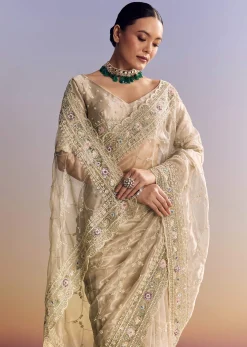Silver Glass Tissue Saree With Jaal Work And Multicolor Sequin Embroidery
