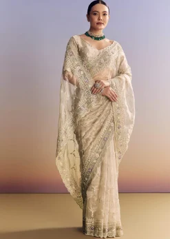 Silver Glass Tissue Saree With Jaal Work And Multicolor Sequin Embroidery