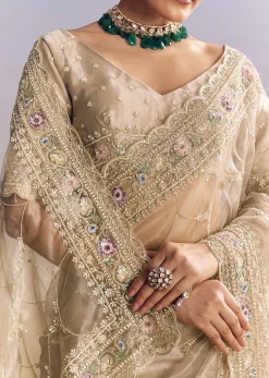 Silver Glass Tissue Saree With Jaal Work And Multicolor Sequin Embroidery