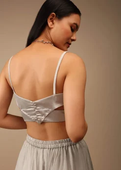 Silver Grey Blouse In Satin With A Wrap Around Design And Side Cut Outs