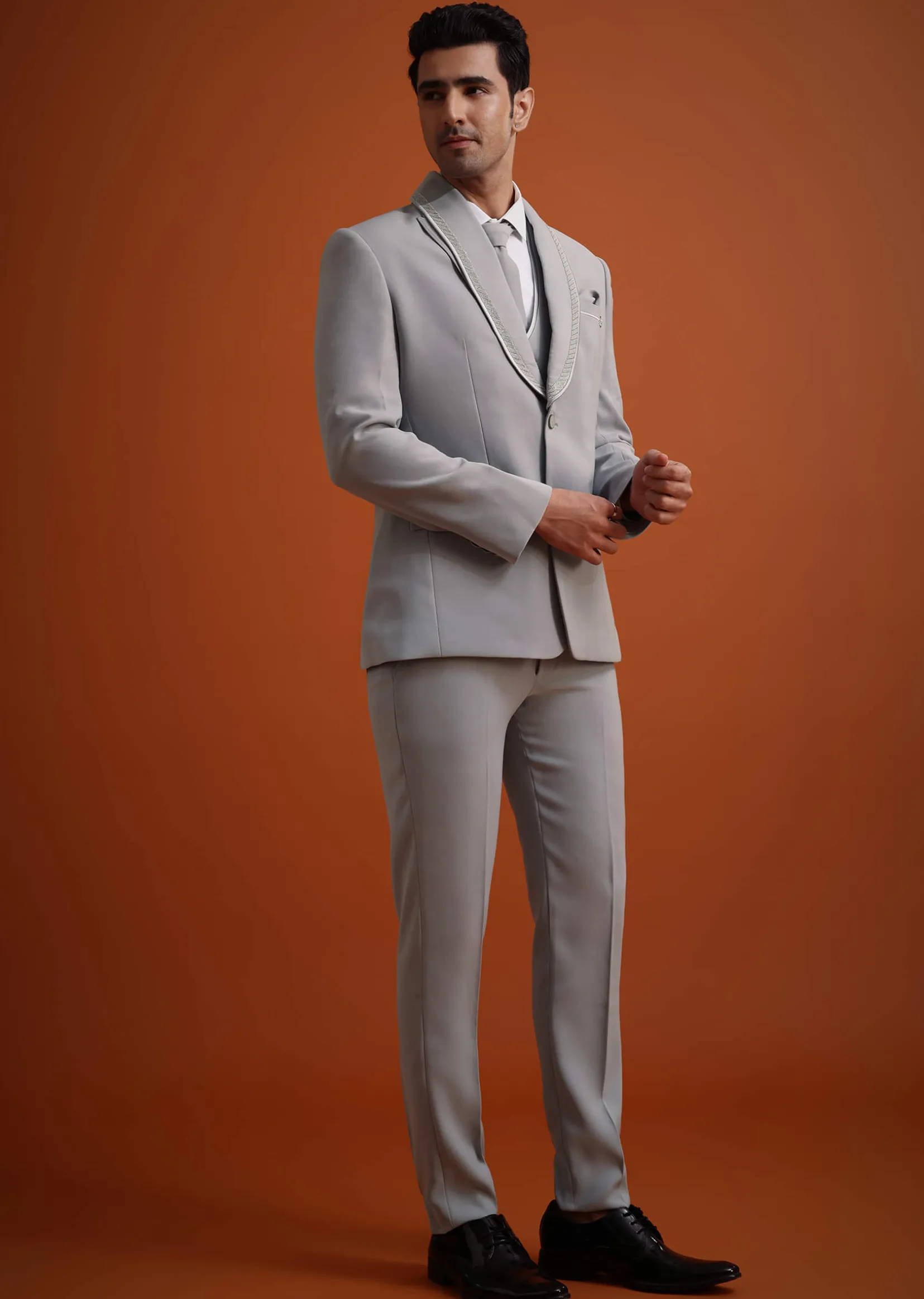 Silver Grey Cutdana Work Tuxedo And Pant Set