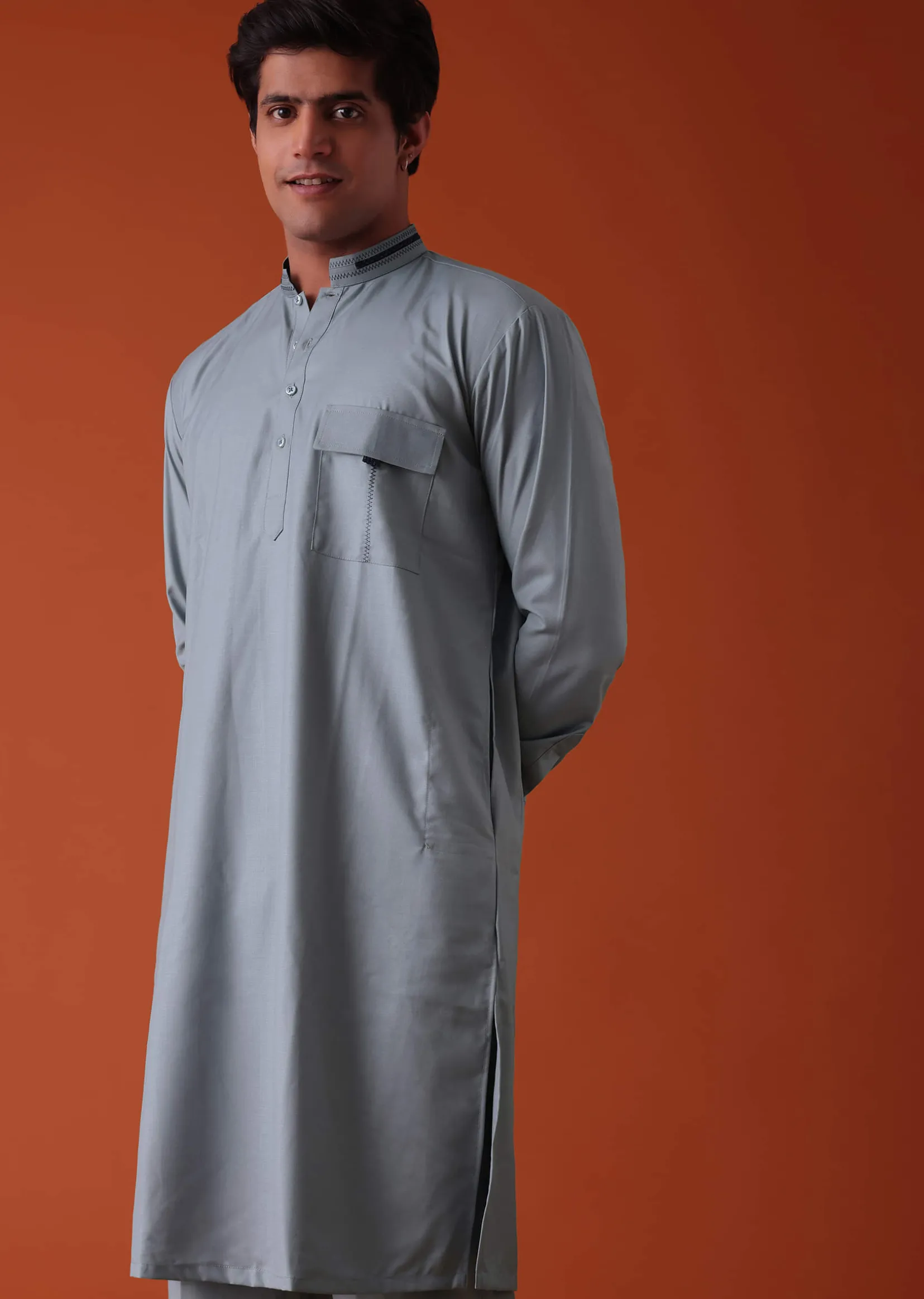 Silver Grey Pathani Kurta Set In Terry Rayon WIth Threadwork