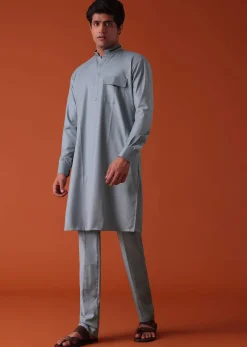 Silver Grey Pathani Kurta Set In Terry Rayon WIth Threadwork