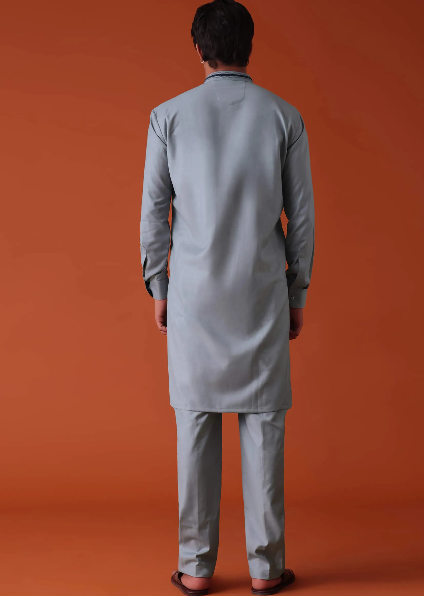 Silver Grey Pathani Kurta Set In Terry Rayon WIth Threadwork