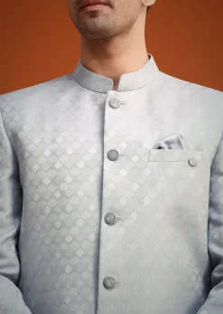 Silver Grey Polyester Jodhpuri Set With Pocket Square