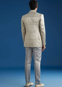 Silver Linen Satin Banarasi Jacket Kurta Set With Hand Embroidery