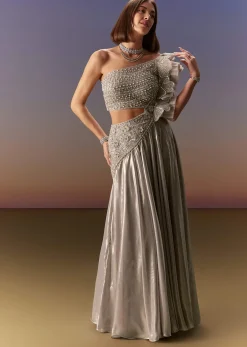 Silver One Shoulder Gown With Intricate Cut Dana Embroidery