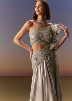 Silver One Shoulder Gown With Intricate Cut Dana Embroidery