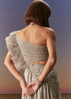 Silver One Shoulder Gown With Intricate Cut Dana Embroidery