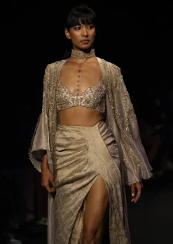 Silver Platinum Tissue Hand Embroidered Jacket And Draped Skirt Suit