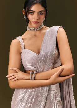Silver Sequin Stone Embroidered Readymade Saree With Ruched Blouse