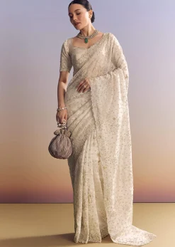 Silver Tissue Saree With Cutwork And Unstitched Embellished Blouse