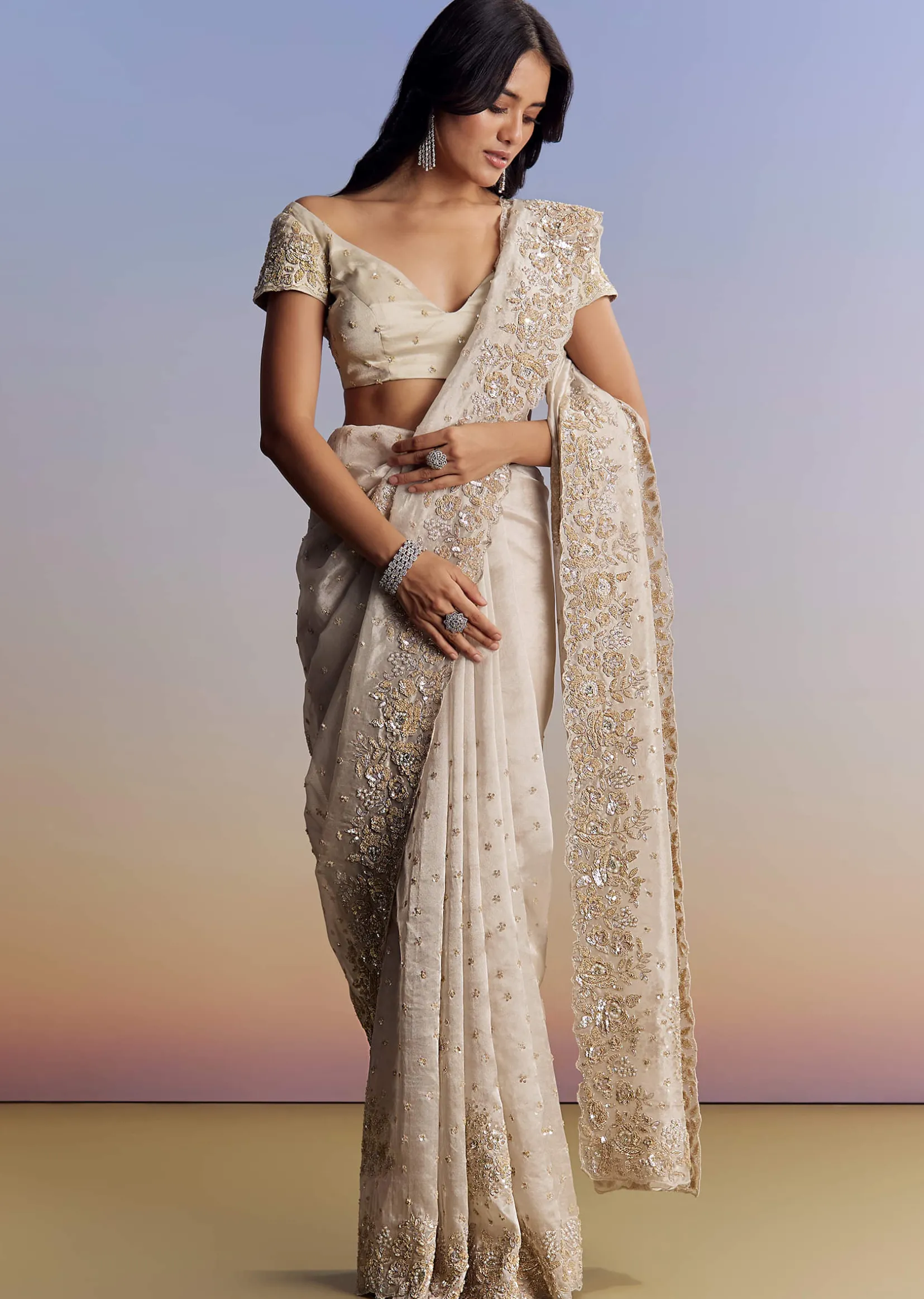 Silver Tissue Saree With Floral Cut Dana Embroidery