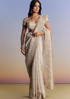 Silver Tissue Saree With Floral Cut Dana Embroidery