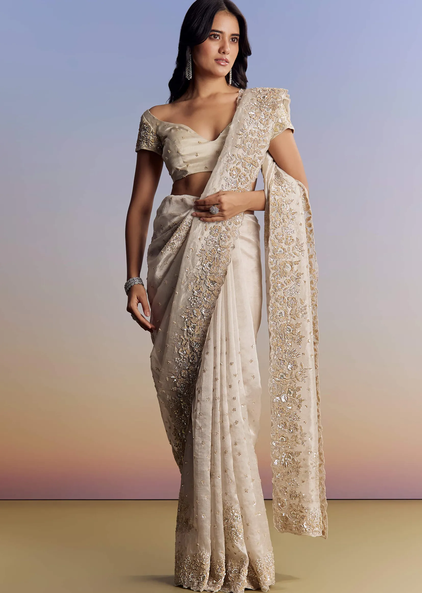 Silver Tissue Saree With Floral Cut Dana Embroidery