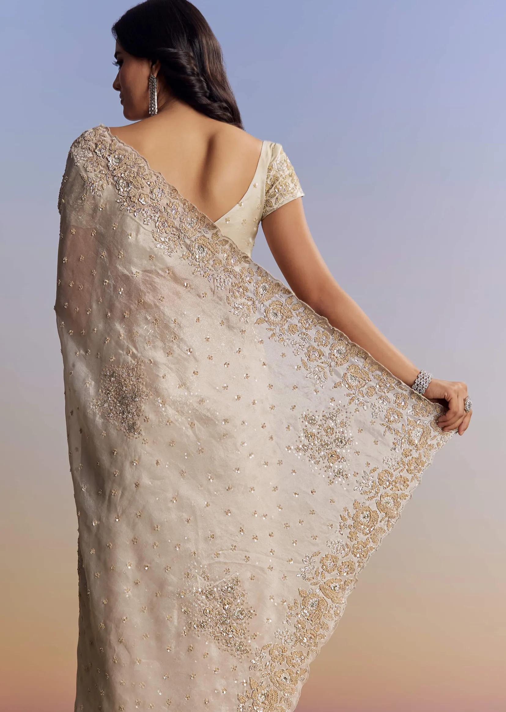 Silver Tissue Saree With Floral Cut Dana Embroidery