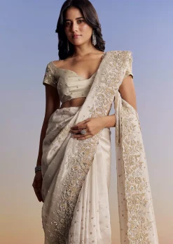 Silver Tissue Saree With Floral Cut Dana Embroidery