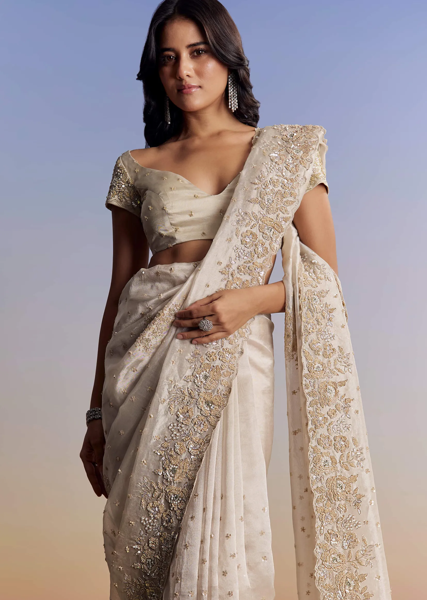 Silver Tissue Saree With Floral Cut Dana Embroidery