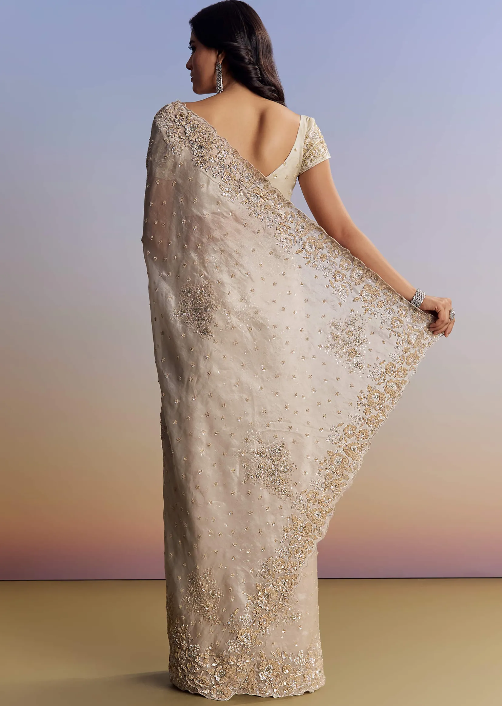 Silver Tissue Saree With Floral Cut Dana Embroidery