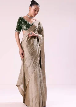 Silver Zari Tissue Saree With Embroidered Emerald Green Stitched Blouse