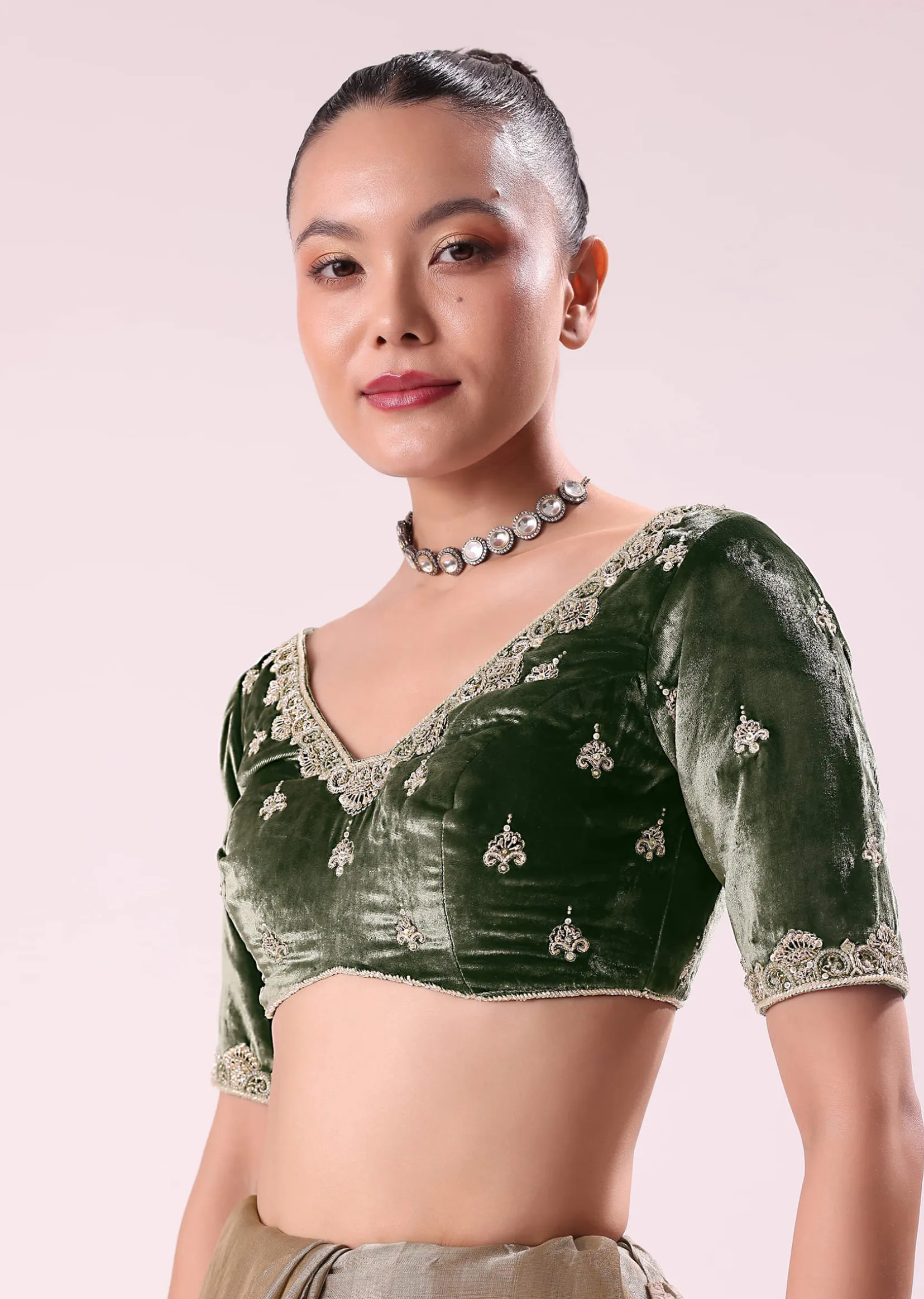Silver Zari Tissue Saree With Embroidered Emerald Green Stitched Blouse