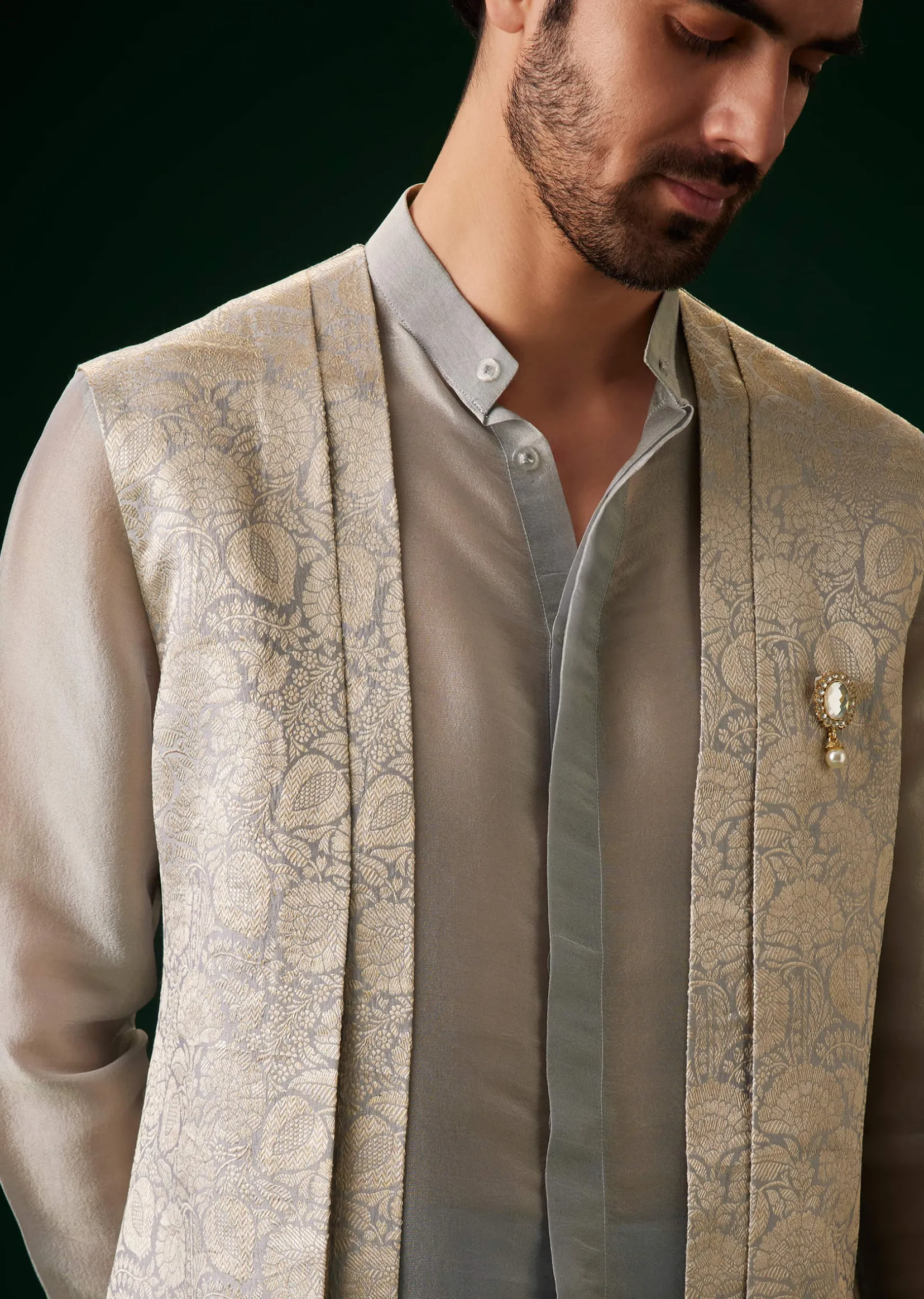 Sky Blue Banarasi Silk Kurta Jacket Set
