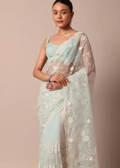 Sky Blue Chikankari Saree In Organza Silk With Scallop Border And Unstitched Blouse Fabric