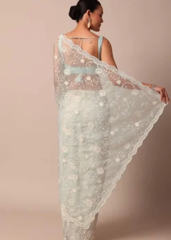 Sky Blue Chikankari Saree In Organza Silk With Scallop Border And Unstitched Blouse Fabric