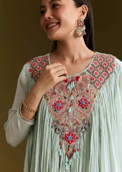 Sky Blue Chinon Flared Kurta Set With Thread Work