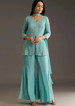 Sky Blue Chinon Front Slit Kurta Palazzo Set With Choker Style Dupatta