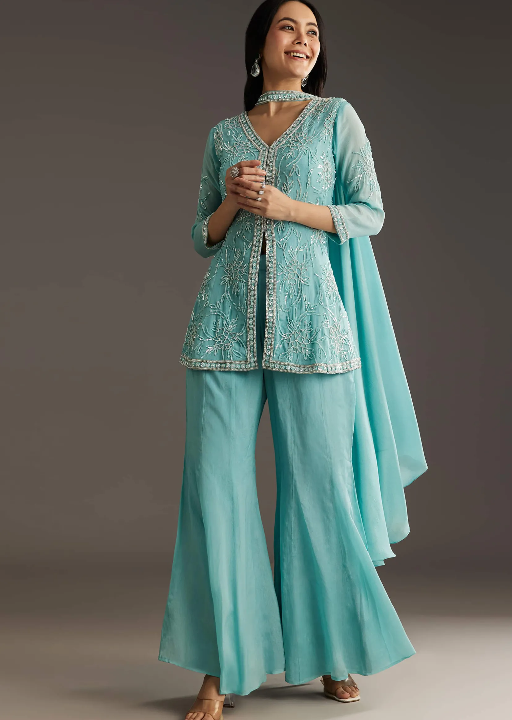 Sky Blue Chinon Front Slit Kurta Palazzo Set With Choker Style Dupatta
