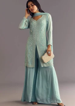 Sky Blue Chinon Kurta Dupatta Set With Moti And Cutdana Work