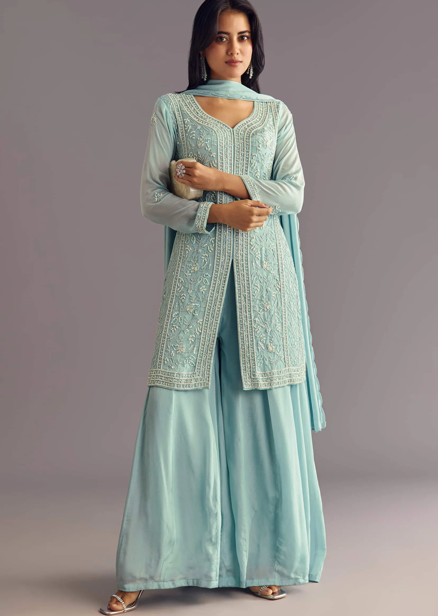 Sky Blue Chinon Kurta Dupatta Set With Moti And Cutdana Work