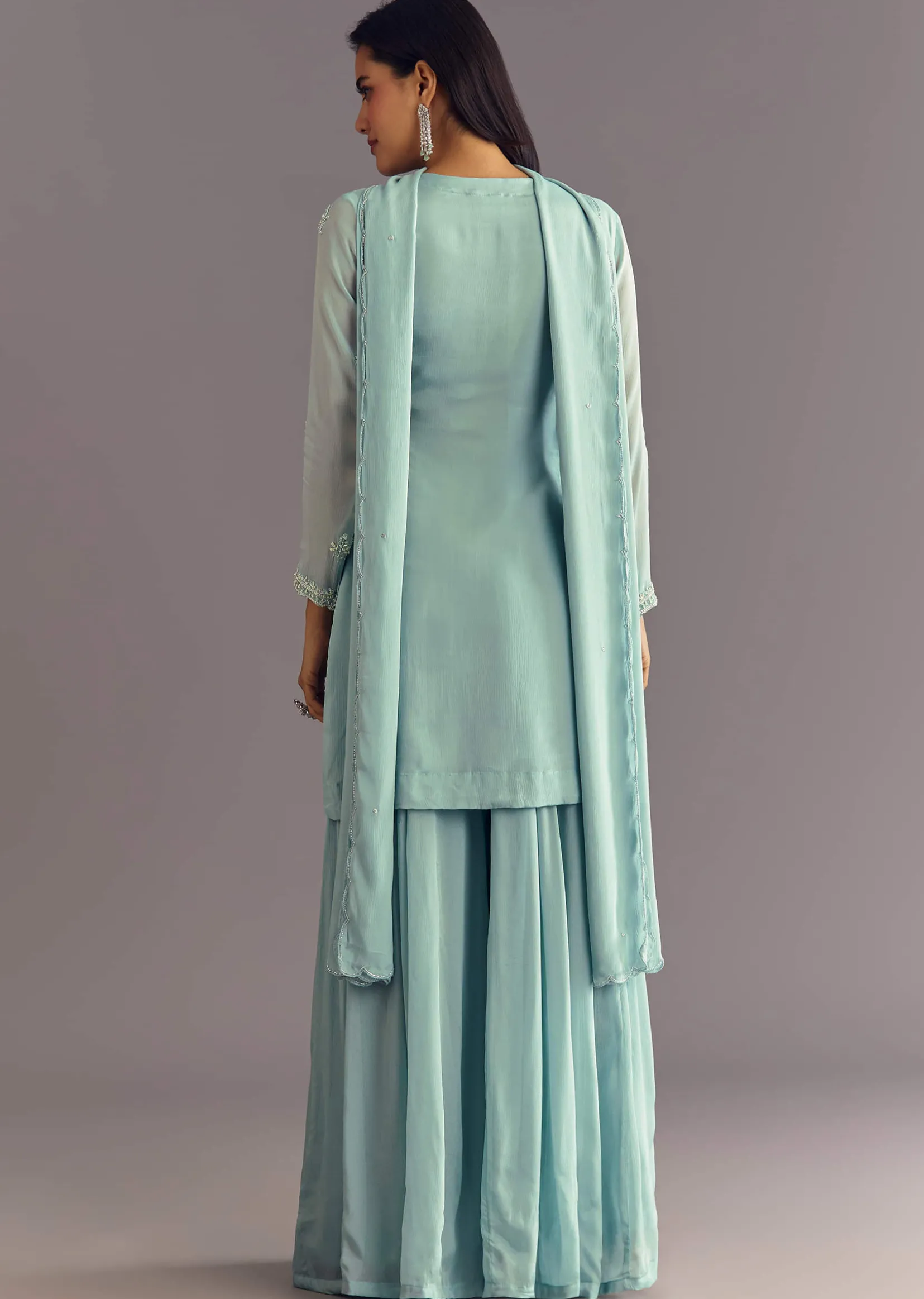 Sky Blue Chinon Kurta Dupatta Set With Moti And Cutdana Work