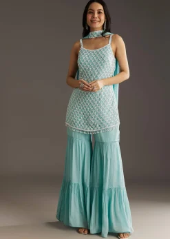 Sky Blue Chinon Sharara Suit Set With Choker Style Dupatta