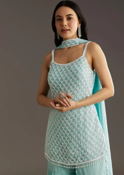 Sky Blue Chinon Sharara Suit Set With Choker Style Dupatta