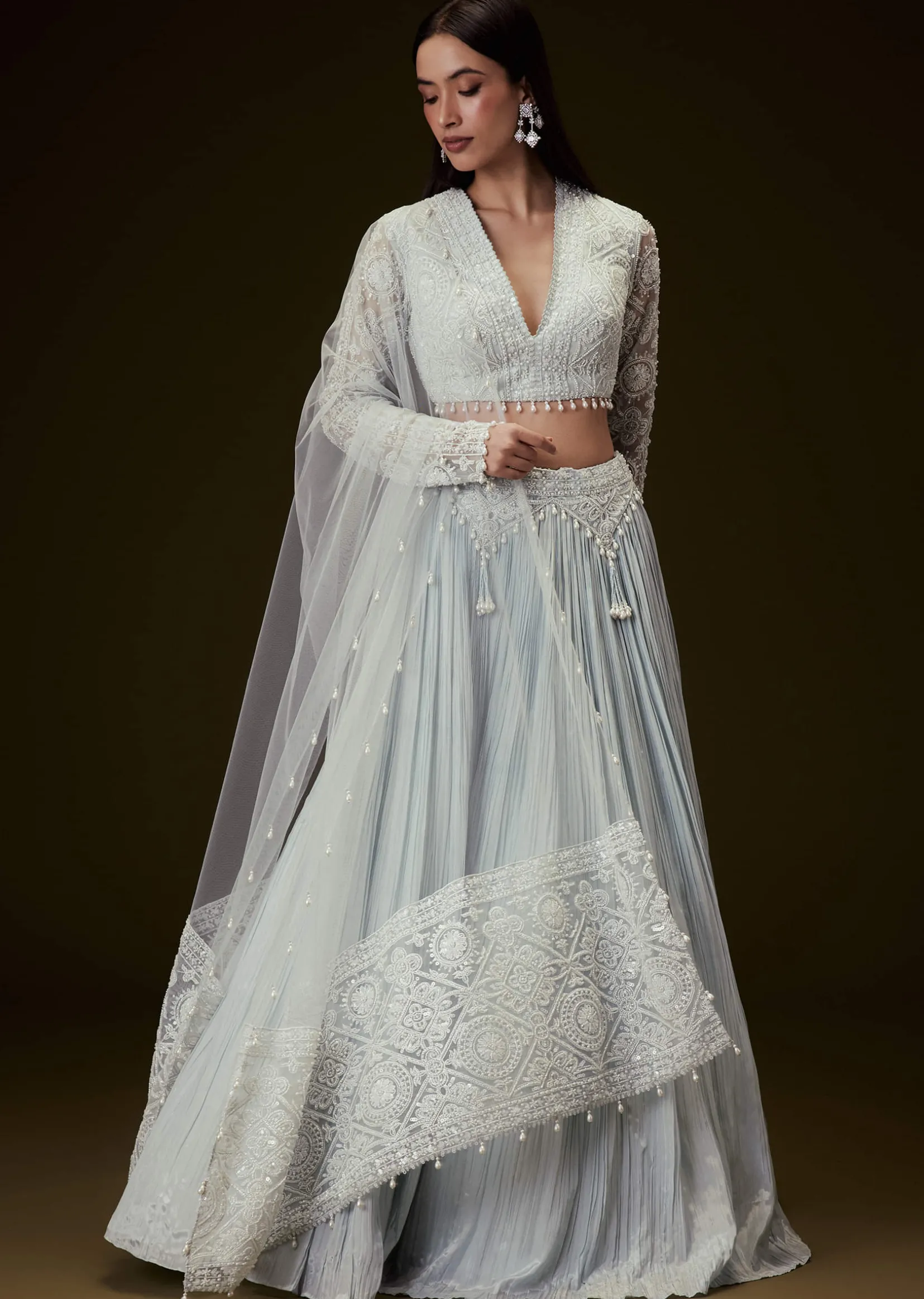 Sky Blue Crepe Sequence Lehenga With Full Sleeve Blouse