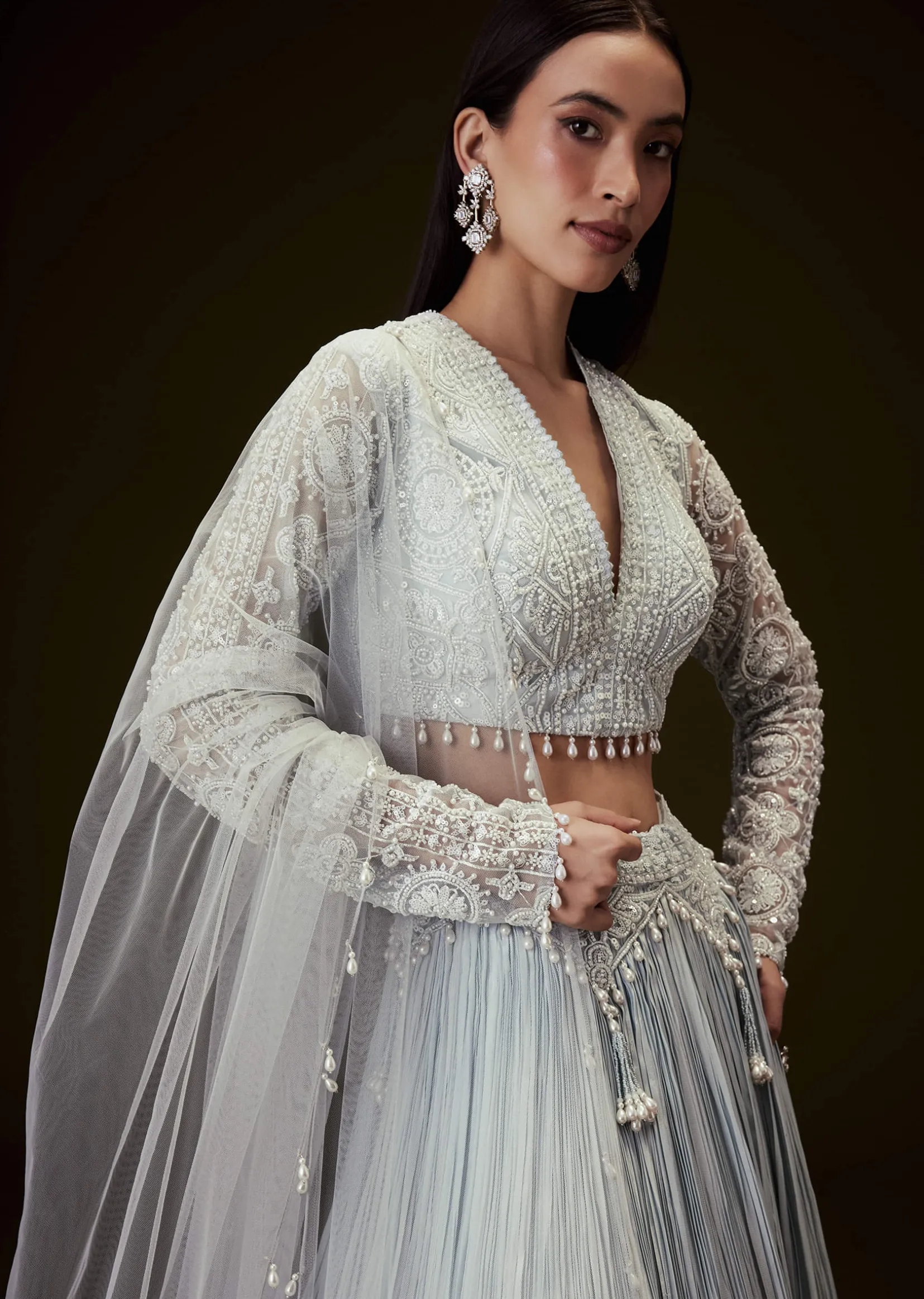 Sky Blue Crepe Sequence Lehenga With Full Sleeve Blouse