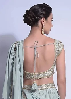 Sky Blue Crop Top With Zardosi And French Knots Embroidered Floral Jaal