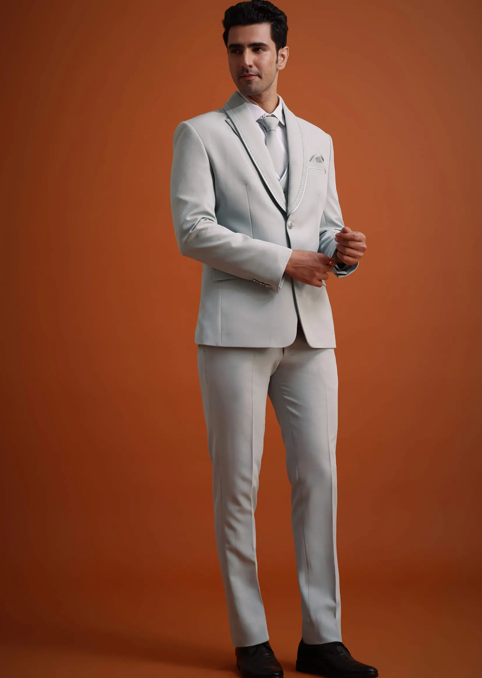 Sky Blue Cutdana Work Polyester Tuxedo And Pant Set