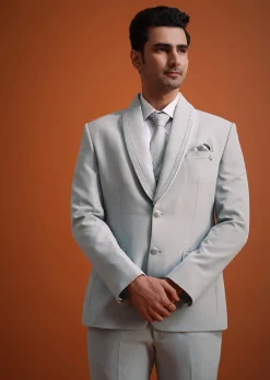 Sky Blue Cutdana Work Polyester Tuxedo And Pant Set