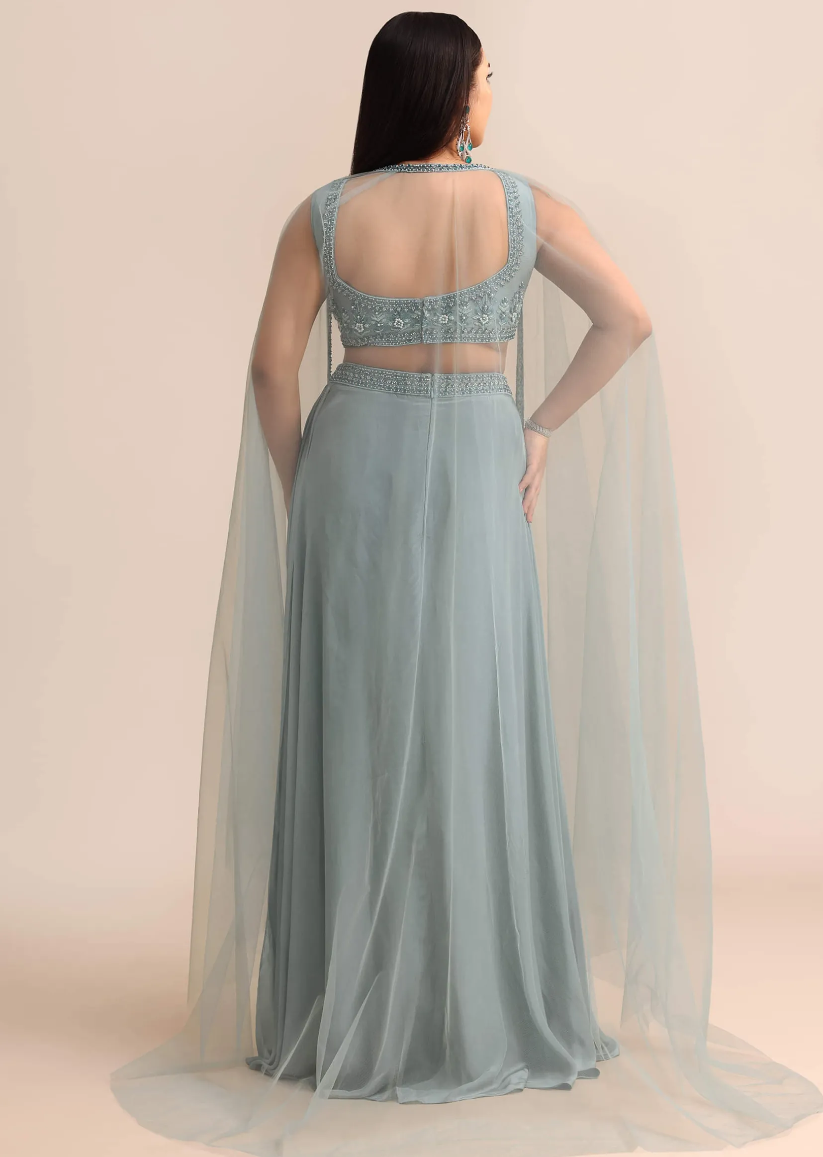 Sky Blue Draped Skirt With Cape