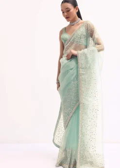 Sky Blue Embroidered Tissue Saree With Unstitched Blouse
