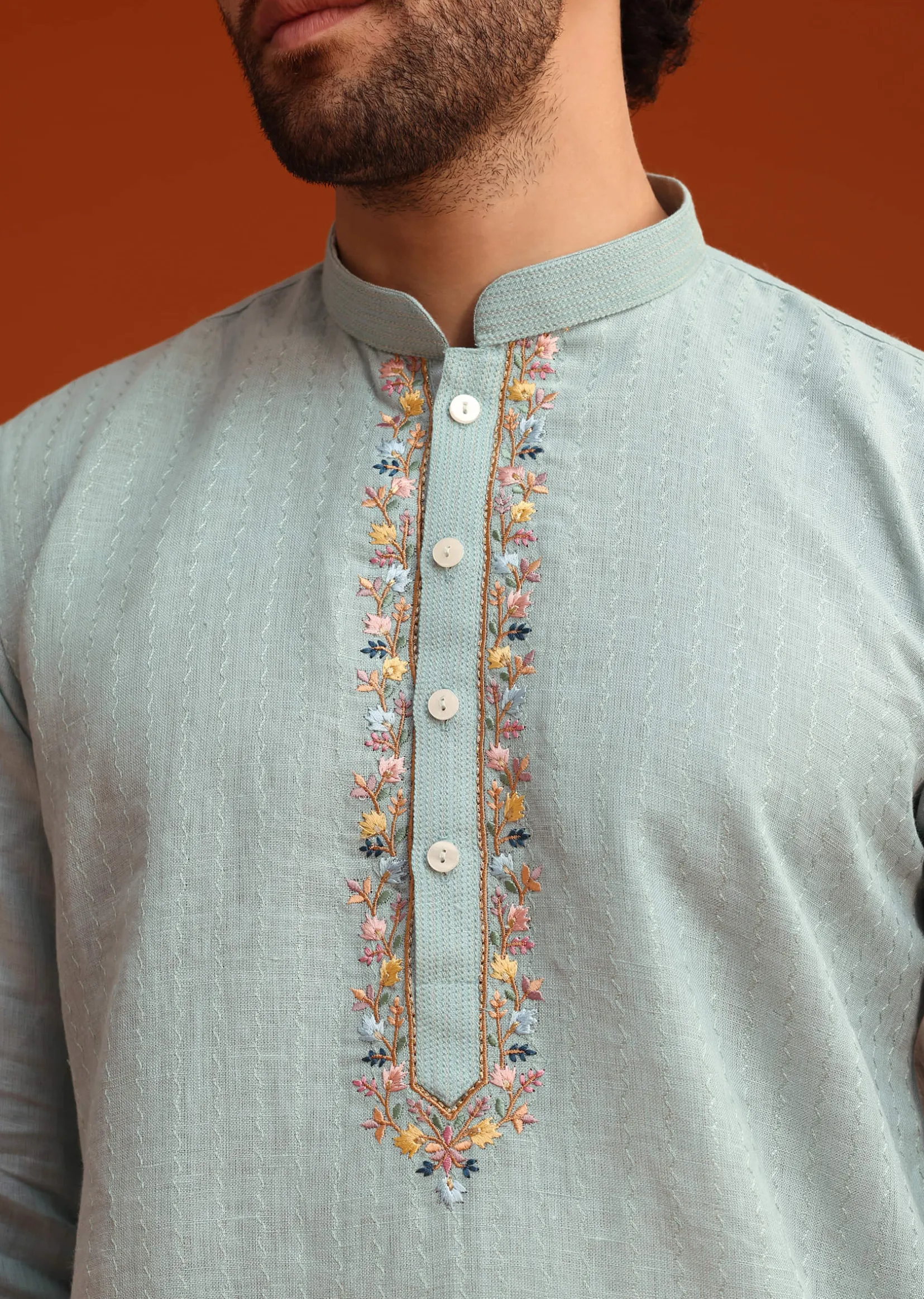 Sky Blue Floral Hand Embroidered Kurta And Pant Set