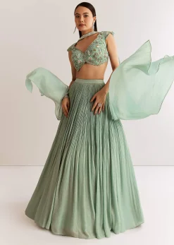 Sky Blue French Tissue Choli Set With Cutdana Moti And Beads